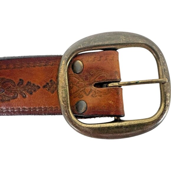 Vintage 70s Tooled Leather Womens Size 32 BELT Blue Floral Brass Buckle Hip Boho - Picture 3 of 11